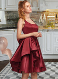 Mareli A-Line Square Neckline Knee-Length Satin Prom Dresses With Bow(s) Cascading Ruffles UKP0014405