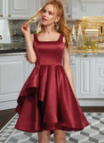 Mareli A-Line Square Neckline Knee-Length Satin Prom Dresses With Bow(s) Cascading Ruffles UKP0014405