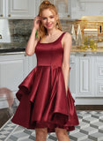 Mareli A-Line Square Neckline Knee-Length Satin Prom Dresses With Bow(s) Cascading Ruffles UKP0014405