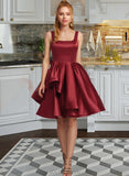 Mareli A-Line Square Neckline Knee-Length Satin Prom Dresses With Bow(s) Cascading Ruffles UKP0014405