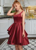 Mareli A-Line Square Neckline Knee-Length Satin Prom Dresses With Bow(s) Cascading Ruffles UKP0014405