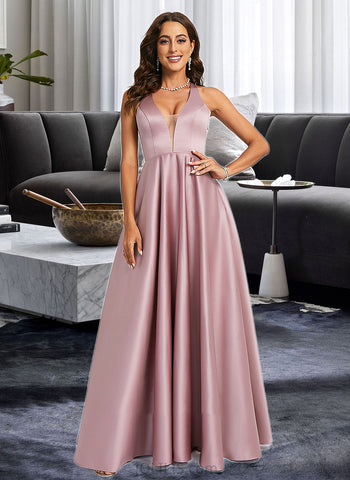 Anaya A-line V-Neck Floor-Length Satin Prom Dresses UKP0014407