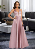 Anaya A-line V-Neck Floor-Length Satin Prom Dresses UKP0014407