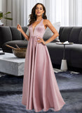 Anaya A-line V-Neck Floor-Length Satin Prom Dresses UKP0014407