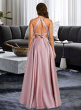 Anaya A-line V-Neck Floor-Length Satin Prom Dresses UKP0014407