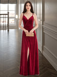 Jill A-Line V-neck Floor-Length Velvet Prom Dresses With Split Front UKP0014409