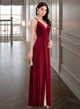 Jill A-Line V-neck Floor-Length Velvet Prom Dresses With Split Front UKP0014409