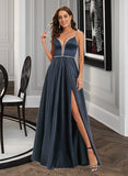 Clara Ball-Gown/Princess V-neck Floor-Length Satin Prom Dresses With Beading Sequins UKP0014411