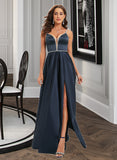 Clara Ball-Gown/Princess V-neck Floor-Length Satin Prom Dresses With Beading Sequins UKP0014411