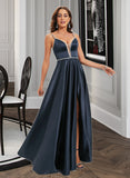 Clara Ball-Gown/Princess V-neck Floor-Length Satin Prom Dresses With Beading Sequins UKP0014411