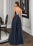 Clara Ball-Gown/Princess V-neck Floor-Length Satin Prom Dresses With Beading Sequins UKP0014411