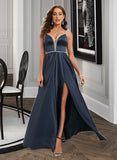 Clara Ball-Gown/Princess V-neck Floor-Length Satin Prom Dresses With Beading Sequins UKP0014411