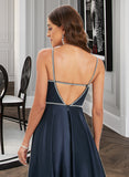 Clara Ball-Gown/Princess V-neck Floor-Length Satin Prom Dresses With Beading Sequins UKP0014411