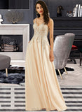 Armani A-Line V-neck Floor-Length Satin Prom Dresses With Lace UKP0014417