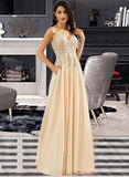 Armani A-Line V-neck Floor-Length Satin Prom Dresses With Lace UKP0014417