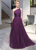 Chanel A-Line One-Shoulder Floor-Length Tulle Prom Dresses With Ruffle UKP0014418