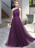 Chanel A-Line One-Shoulder Floor-Length Tulle Prom Dresses With Ruffle UKP0014418