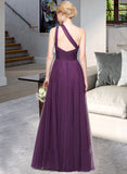 Chanel A-Line One-Shoulder Floor-Length Tulle Prom Dresses With Ruffle UKP0014418