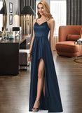 Myla A-Line V-neck Floor-Length Satin Prom Dresses With Split Front Cascading Ruffles UKP0014419