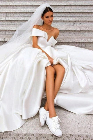 Ball Gown Off the Shoulder White Satin Wedding Dresses, Simple Cheap Wedding Gowns SJS15065