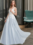 Carly Ball-Gown/Princess V-neck Floor-Length Tulle Prom Dresses UKP0014430