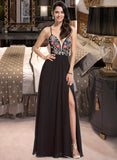 Adeline A-Line V-neck Floor-Length Chiffon Prom Dresses With Lace Sequins UKP0014432