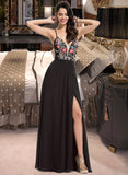 Adeline A-Line V-neck Floor-Length Chiffon Prom Dresses With Lace Sequins UKP0014432