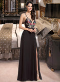 Adeline A-Line V-neck Floor-Length Chiffon Prom Dresses With Lace Sequins UKP0014432