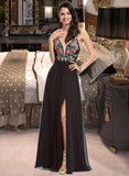 Adeline A-Line V-neck Floor-Length Chiffon Prom Dresses With Lace Sequins UKP0014432