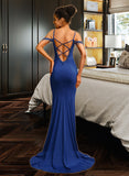 Kathy Trumpet/Mermaid V-neck Sweep Train Jersey Prom Dresses With Beading UKP0014433