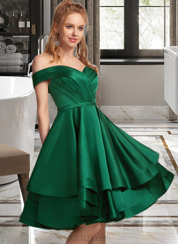 Makena A-Line Off-the-Shoulder Knee-Length Satin Prom Dresses With Ruffle UKP0014438