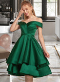 Makena A-Line Off-the-Shoulder Knee-Length Satin Prom Dresses With Ruffle UKP0014438