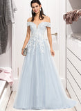 Ingrid Ball-Gown/Princess Off-the-Shoulder Sweep Train Tulle Prom Dresses With Sequins UKP0014443