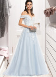 Ingrid Ball-Gown/Princess Off-the-Shoulder Sweep Train Tulle Prom Dresses With Sequins UKP0014443