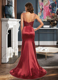 Anabelle Trumpet/Mermaid V-neck Sweep Train Satin Prom Dresses With Pleated UKP0014444