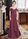 Catalina A-Line V-neck Floor-Length Chiffon Prom Dresses With Bow(s) Split Front Cascading Ruffles UKP0014445