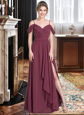 Catalina A-Line V-neck Floor-Length Chiffon Prom Dresses With Bow(s) Split Front Cascading Ruffles UKP0014445