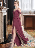 Catalina A-Line V-neck Floor-Length Chiffon Prom Dresses With Bow(s) Split Front Cascading Ruffles UKP0014445