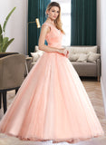 Arabella Ball-Gown/Princess V-neck Floor-Length Organza Prom Dresses With Ruffle Beading Sequins UKP0014448