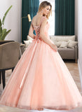 Arabella Ball-Gown/Princess V-neck Floor-Length Organza Prom Dresses With Ruffle Beading Sequins UKP0014448