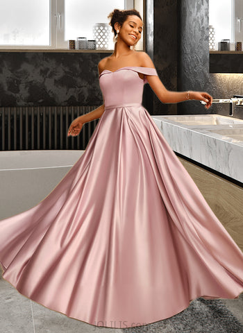 Marley A-line Off the Shoulder Floor-Length Satin Prom Dresses UKP0014449