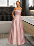 Marley A-line Off the Shoulder Floor-Length Satin Prom Dresses UKP0014449