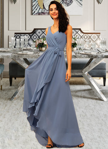 Jacquelyn A-Line V-neck Asymmetrical Chiffon Prom Dresses With Ruffle Bow(s) UKP0014452