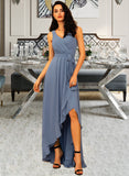 Jacquelyn A-Line V-neck Asymmetrical Chiffon Prom Dresses With Ruffle Bow(s) UKP0014452