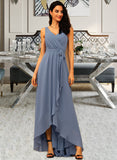 Jacquelyn A-Line V-neck Asymmetrical Chiffon Prom Dresses With Ruffle Bow(s) UKP0014452