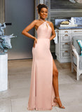 Gwendoline Sheath/Column Halter Floor-Length Satin Prom Dresses With Bow(s) UKP0014453