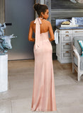 Gwendoline Sheath/Column Halter Floor-Length Satin Prom Dresses With Bow(s) UKP0014453