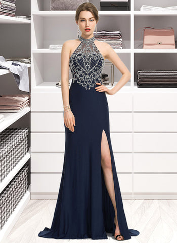 Harper Sheath/Column Scoop Neck Sweep Train Jersey Prom Dresses With Beading Sequins Split Front UKP0014455