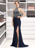 Harper Sheath/Column Scoop Neck Sweep Train Jersey Prom Dresses With Beading Sequins Split Front UKP0014455