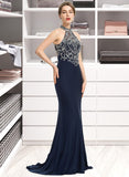 Harper Sheath/Column Scoop Neck Sweep Train Jersey Prom Dresses With Beading Sequins Split Front UKP0014455